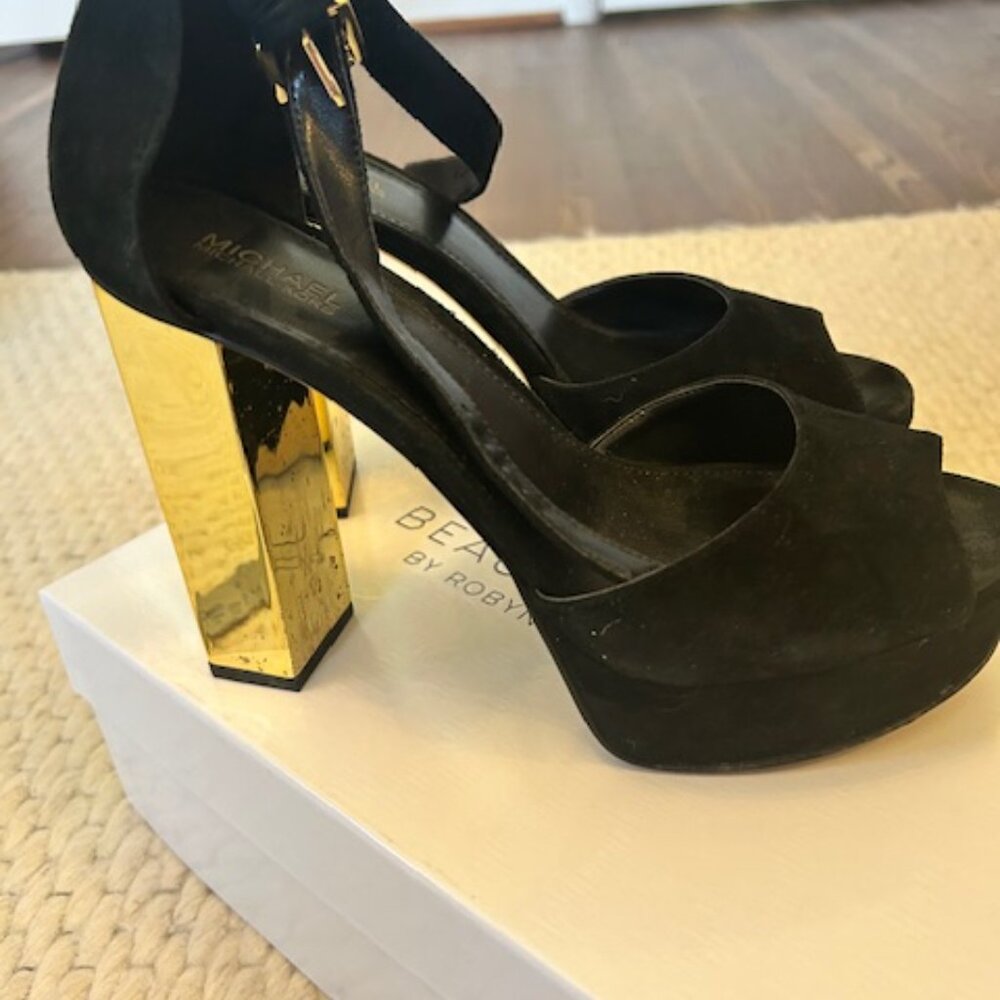 Michael Michael Kors Suede Black Gold Platform Sandal - Picture 4 of 5